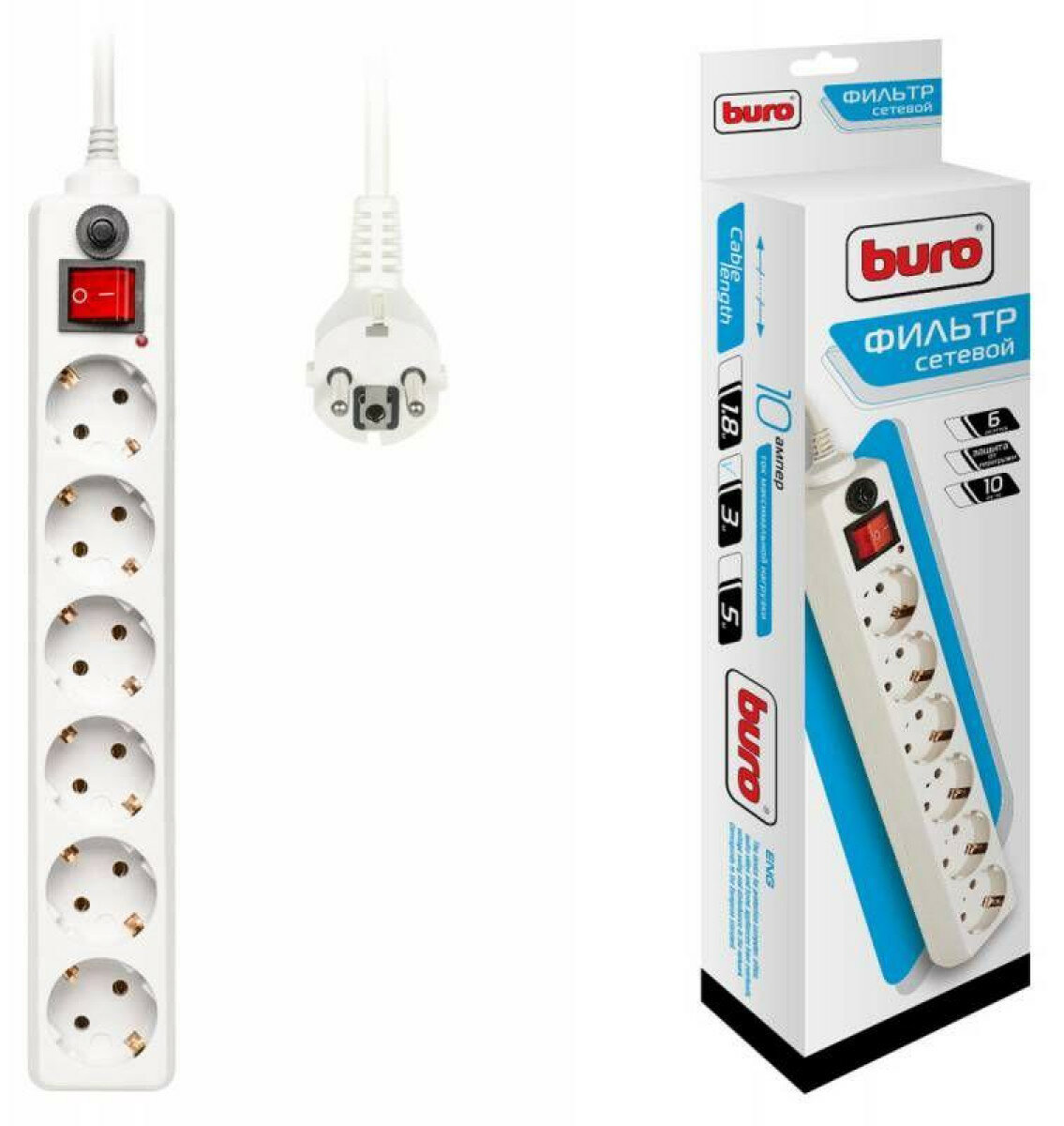 Удлинитель с сетевым фильтром Buro 6х3м с заземл. 10А IP20 600SH-3-W 2.2кВт CCA бел.