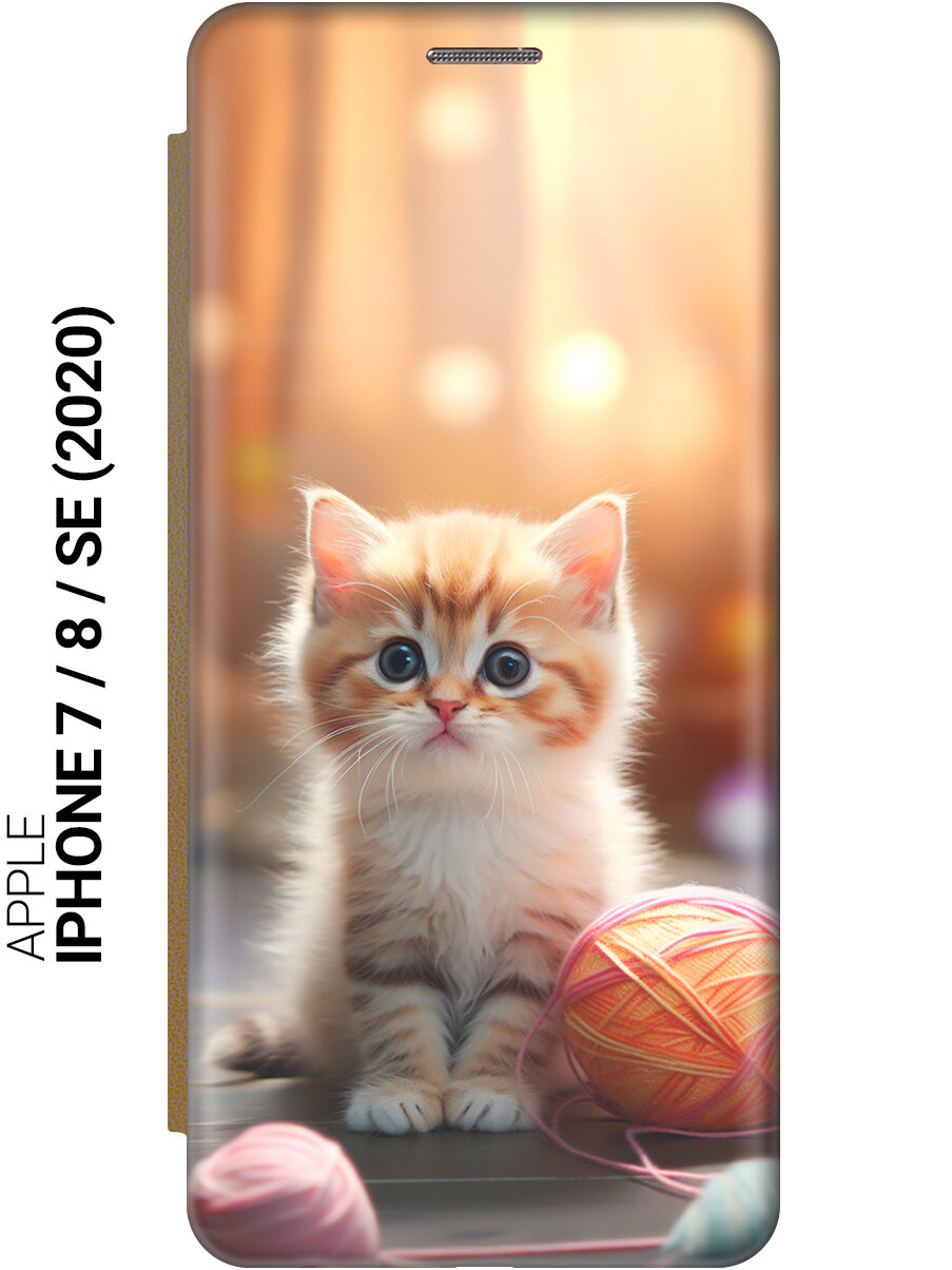 Чехол-книжка на Apple iPhone SE (2022) / SE (2020) / 8 / 7 / Эпл Айфон СЕ 2022 / СЕ 2020 / 8 / 7 с рисунком "Котик и нитки" золотистый