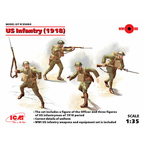 ICM Сборная модель Пехота США (1918) 4 фигуры, 1/35 сборные фигурки icm британская пехота 1917 1918 1 35 35301