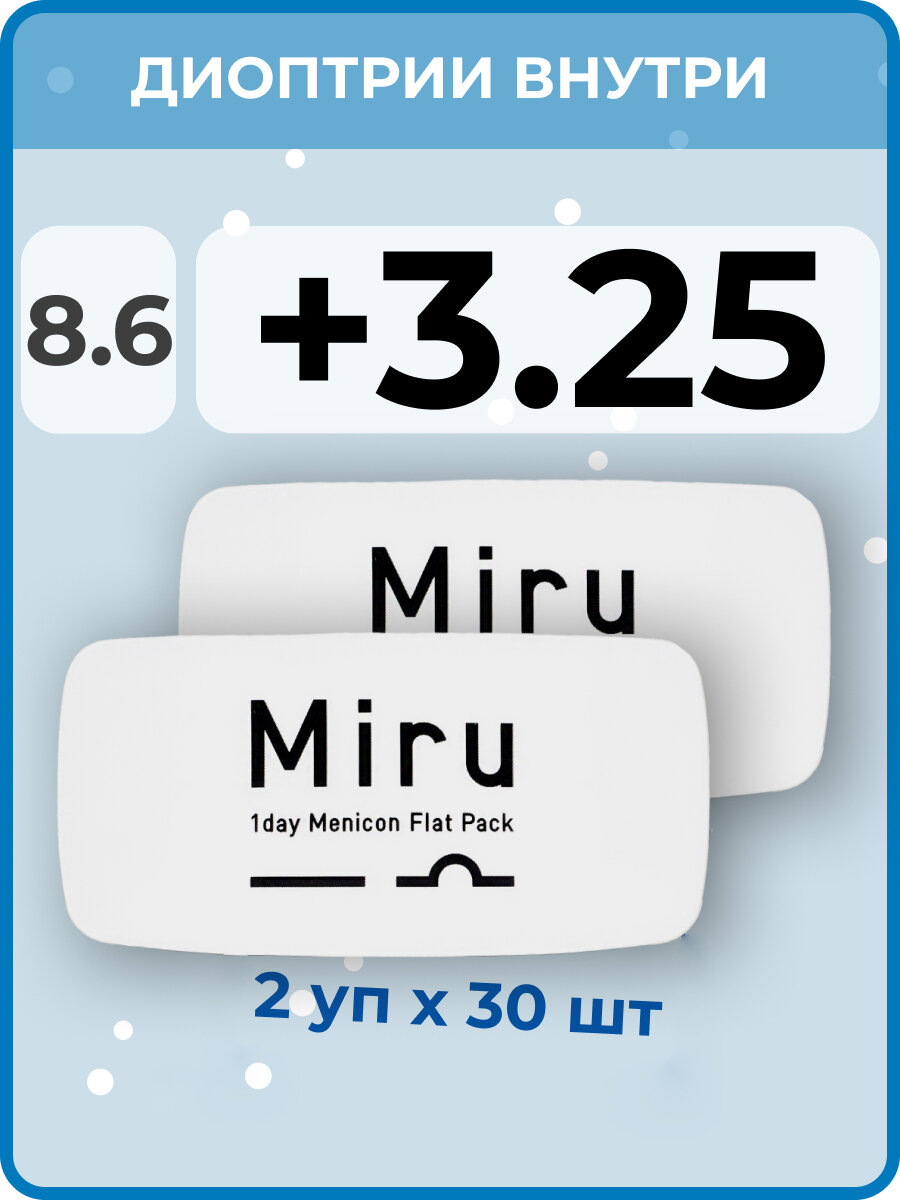 Контактные линзы MIRU 1 Day Menicon Flat Pack (2 упаковки по 30 линз) R. 8.6 +3.25, однодневные, прозрачные