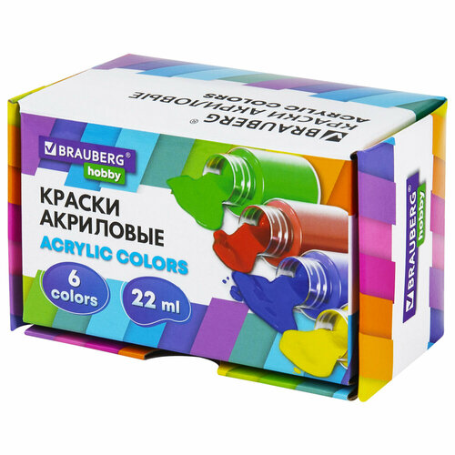 Упаковка 2 шт. Краски акриловые художественные 6 цветов в банках по 22 мл, BRAUBERG HOBBY, 192409