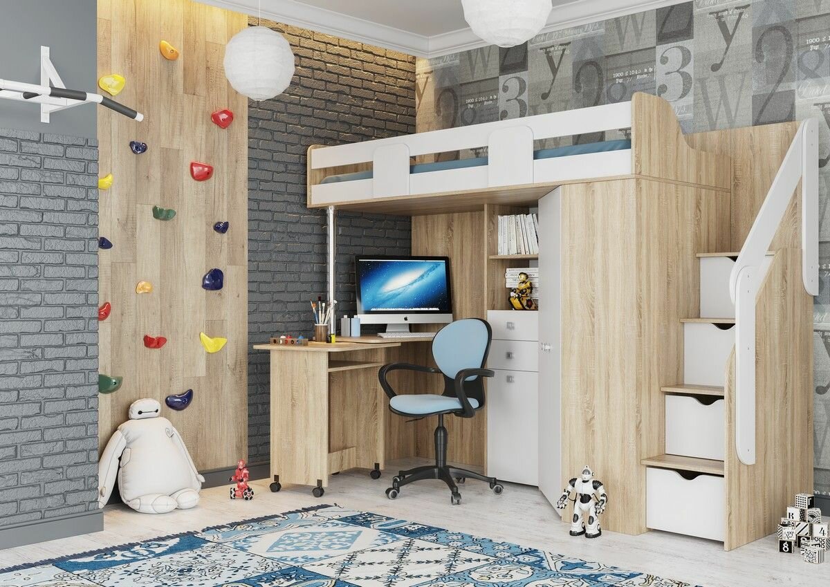 фото Кровать-чердак Мийа А Дуб сонома светлый/Белый шагрень ЛДСП, со шкафом и столом 2438х1800х854 800х2000 для детской МК стиль