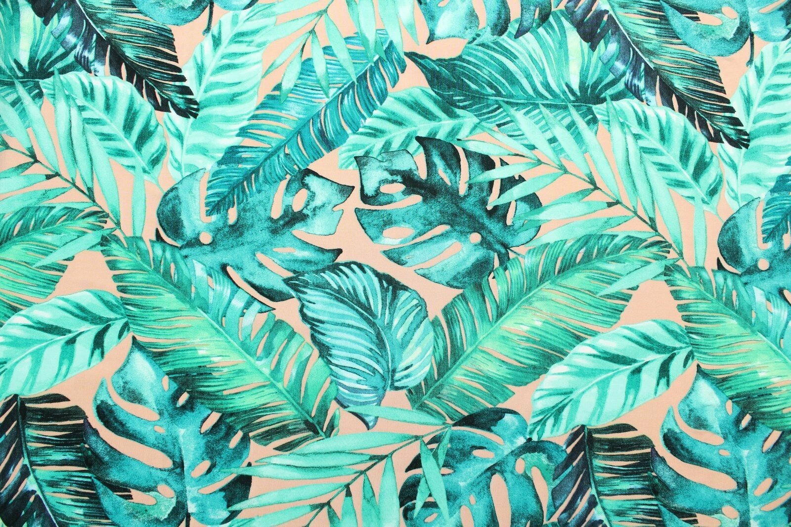 Ткань Вискоза плательная тропические листья на кремовом фоне, ш140см, 0,5 м