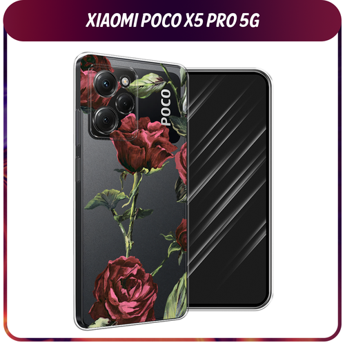 Силиконовый чехол на Xiaomi Poco X5 Pro 5G / Сяоми Поко X5 Про 5G Бордовые розы фон, прозрачный