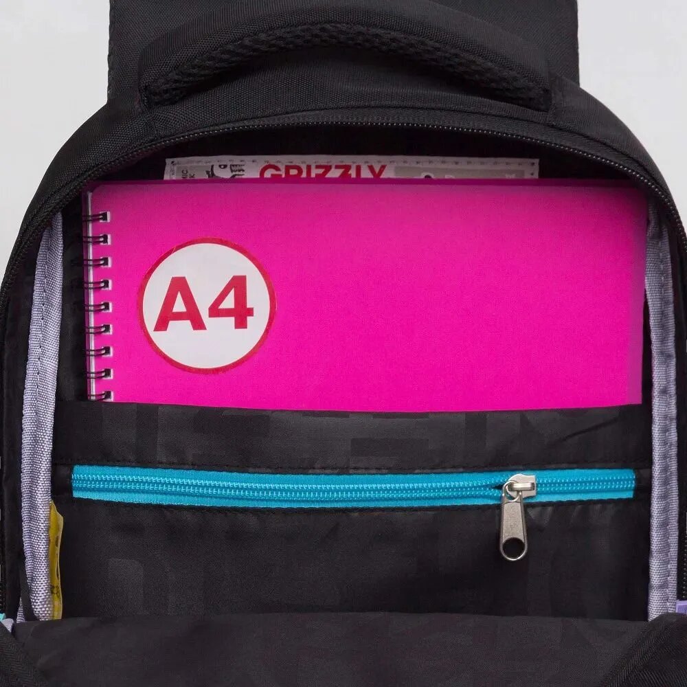 Рюкзак школьный GRIZZLY с карманом для ноутбука 13", анатомической спинкой, для девочки в первый класс RG-461-3/1 черный.