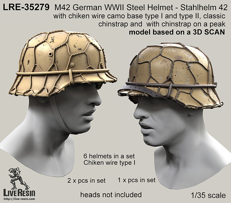 LRE35279 Стальной немецкий шлем периода Второй Мировой войны M42 - Stahlhelm 42 с проволочной камуфляжной сеткой тип 1 и тип 2.