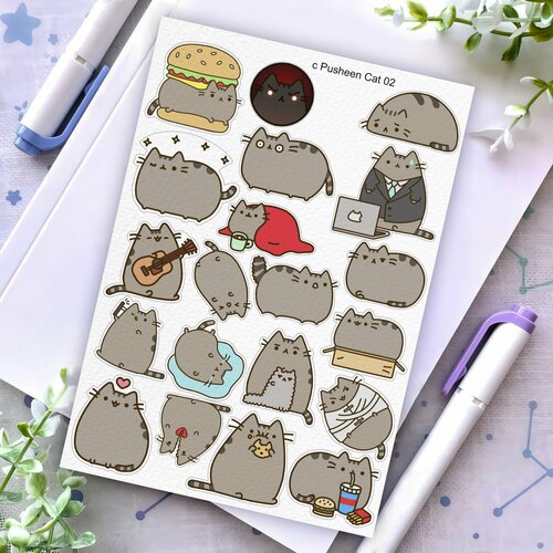 Наклейки коты милые смешные Pusheen Cat, на бумаге А5, один лист