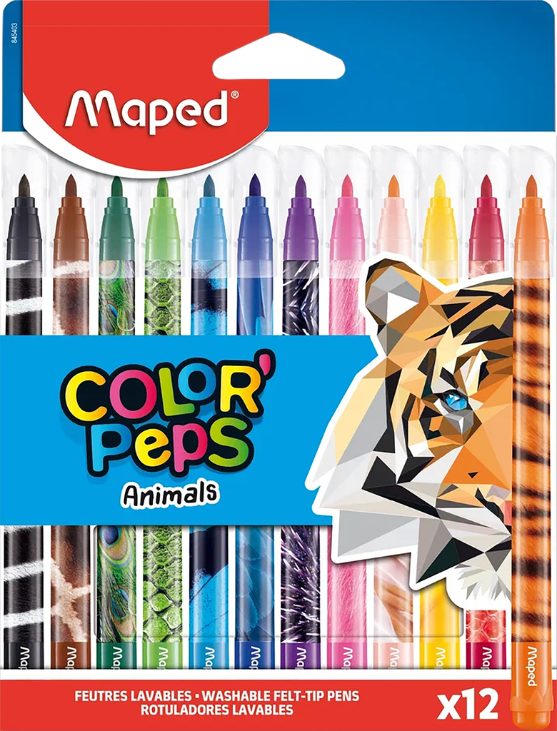 Фломастеры MAPED Animals смываемые, 12 цветов, Арт. 845403