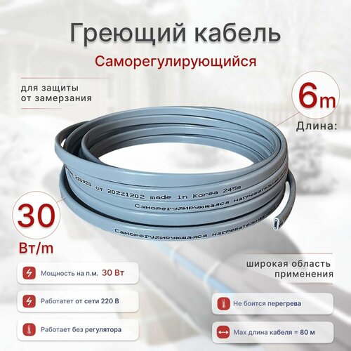 Греющий кабель 6м, 30Вт/м, саморегулирующийся, для широкого применения, обогрев труб, Корея