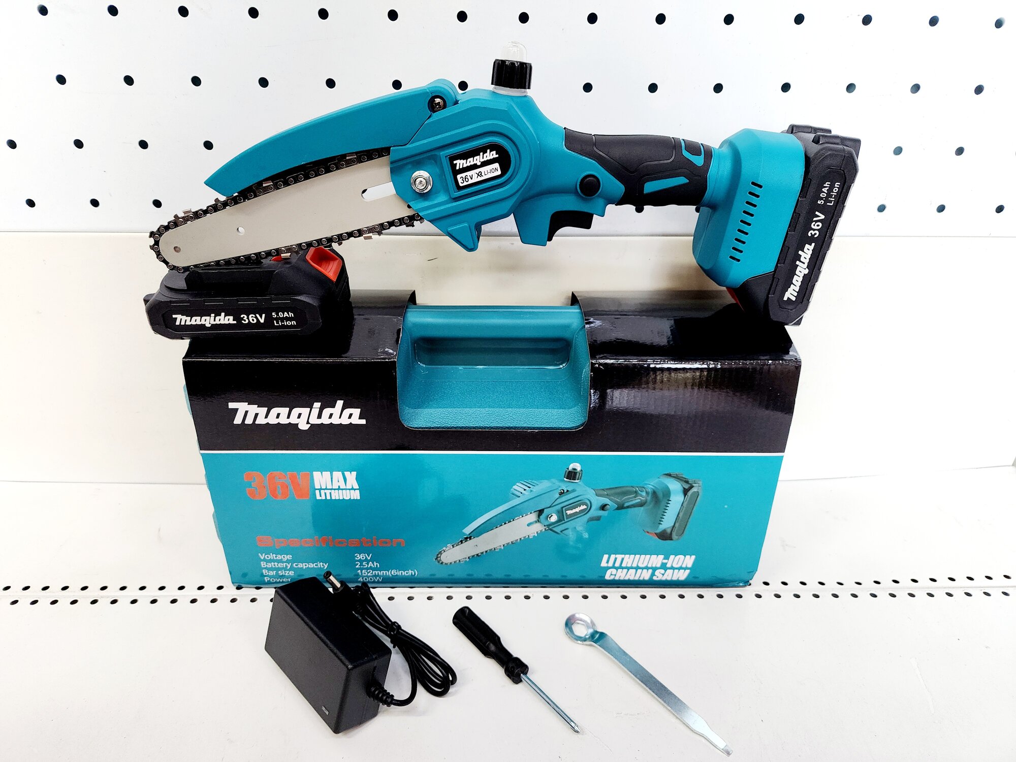 фото Аккумуляторная мини цепная пила Magida "сучкорез" (0-600 об/мин, 2шт акб Li-ion 21В, 2Ач, кейс, шина 6", цепь), подкачка масла, Led подсветка