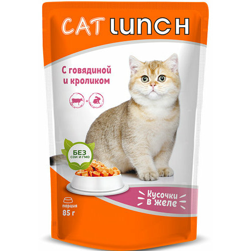 Кэт Ланч пауч для кошек кусочки в желе Говядина и Кролик 85г cat lunch пауч для кошек кусочки в желе индейка и кролик 85г