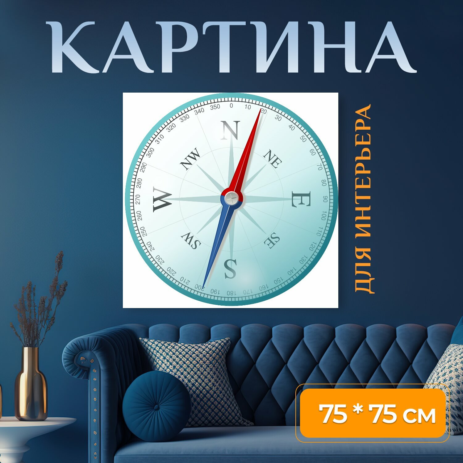 Картина на холсте "Компас, восток, к северу" на подрамнике 75х75 см. для интерьера