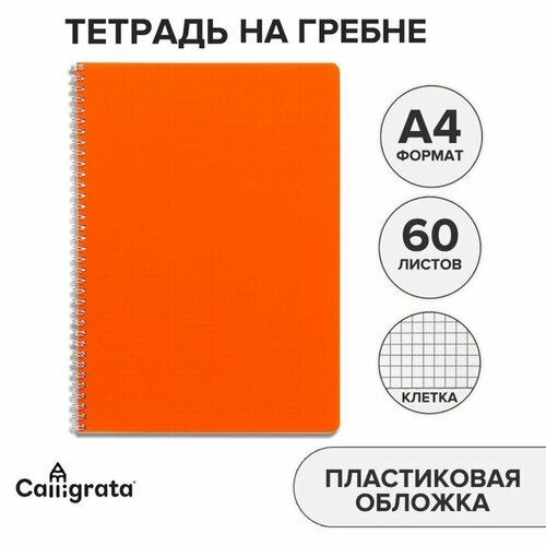 Тетрадь на гребне A4 60 листов в клетку Оранжевая, пластиковая обложка, блок офсет тетрадь в клетку даринчи 60