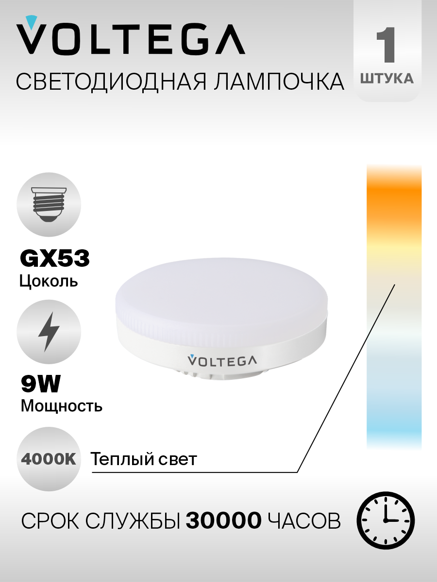 Светодиодная лампа Voltega 7773 LED GX53 9W 4000К (нейтральный белый). Форма колбы лампочки - таблетка