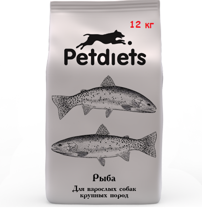 Корм сухой "Petdiets" (Петдаетс) для собак крупных пород, рыба, 12кг, содержание рыбы 39,6%