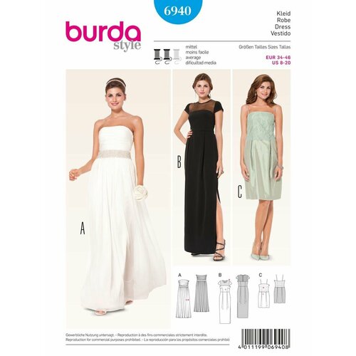 Выкройка Burda 6940 Вечернее платье, свадебное платье, топ выкройка burda 6939 вечернее платье бюстье