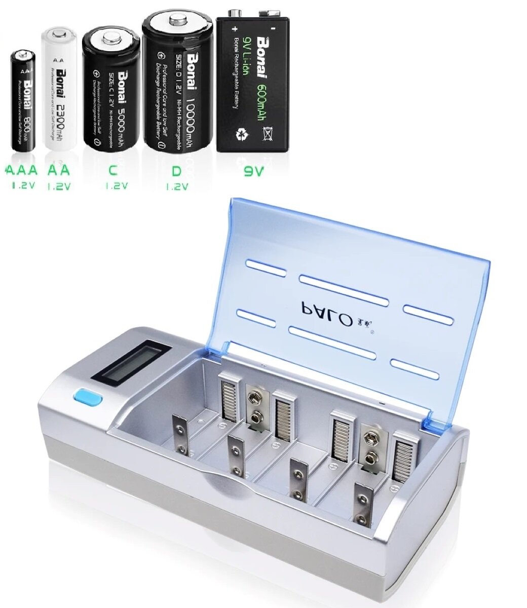 Умное зарядное устройство для аккумуляторных батареек типа AA, AAA, C, D, Крона 9V, 6F22, Ni-MH/Ni-Cd