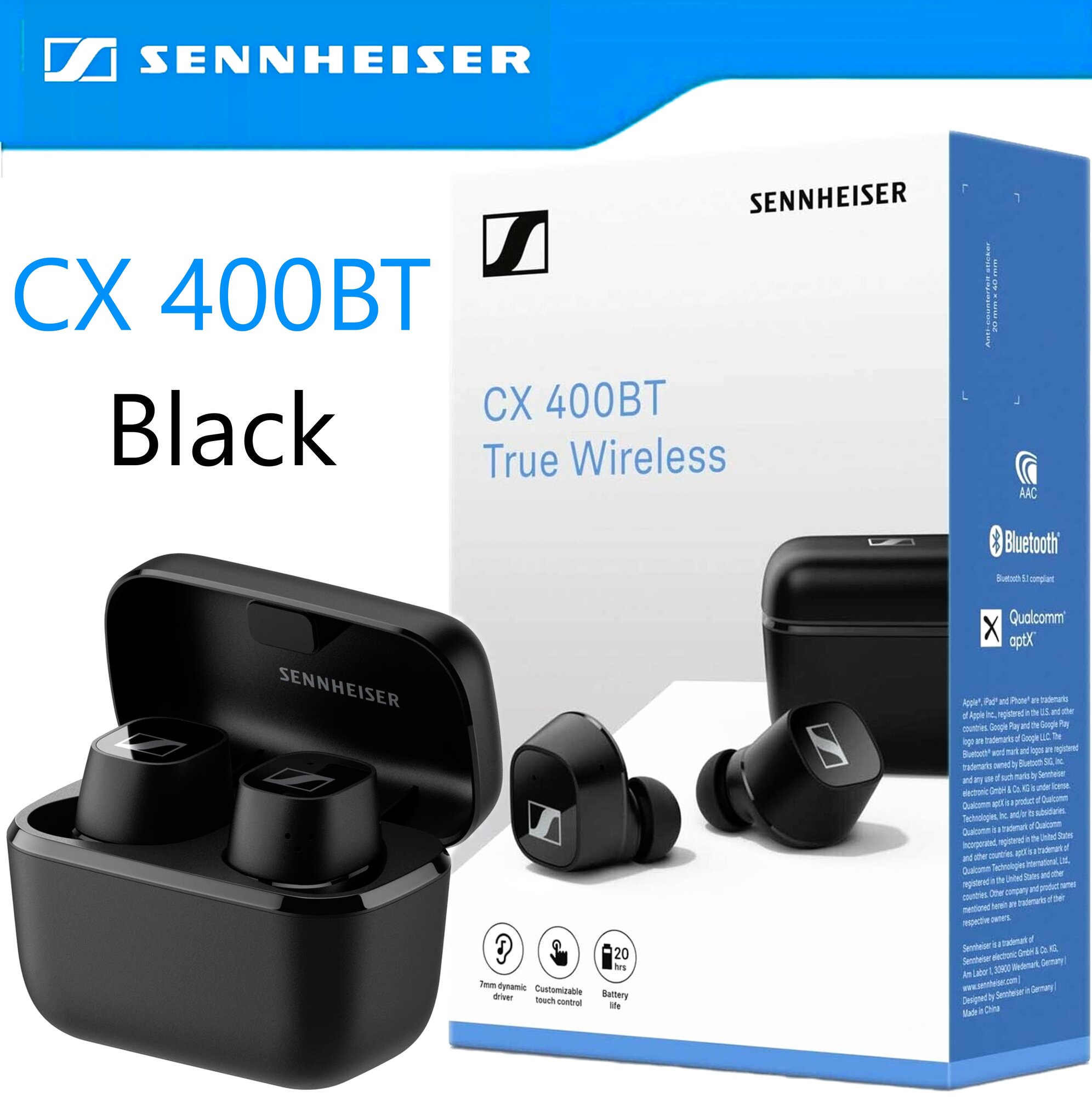 Беспроводные наушники Sennheiser CX 400BT Black, с глубокими басами и микрофоном, черные