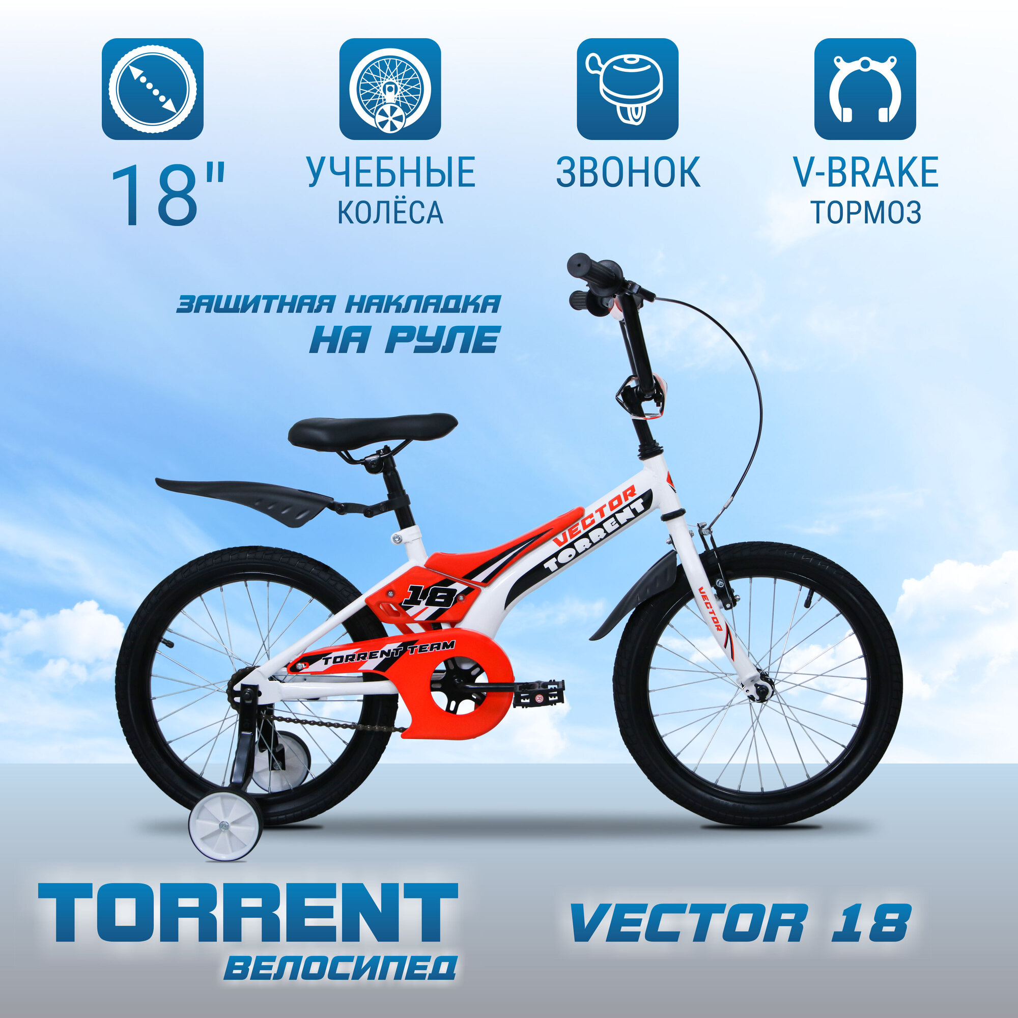 фото Детский велосипед TORRENT Vector 18 (1 скорость, добавочные колеса, рама сталь, колеса 18")