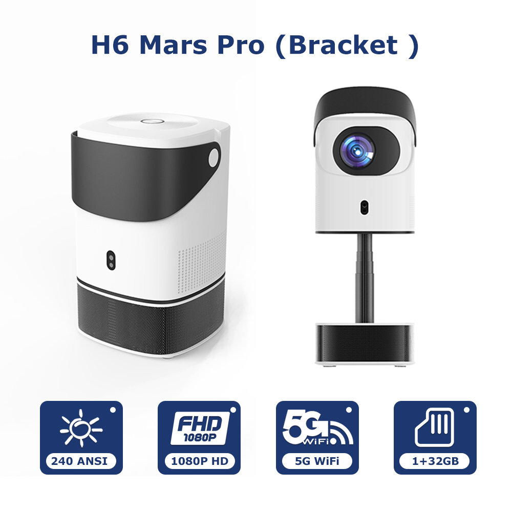 Светодиодный проектор H6 Mars Pro с кронштейном full HD 1080P, 1500ANSI, Android, 32 ГБ smart, автоматическое трапецеидальное искажение, видео, ТВ, домашний кинотеатр