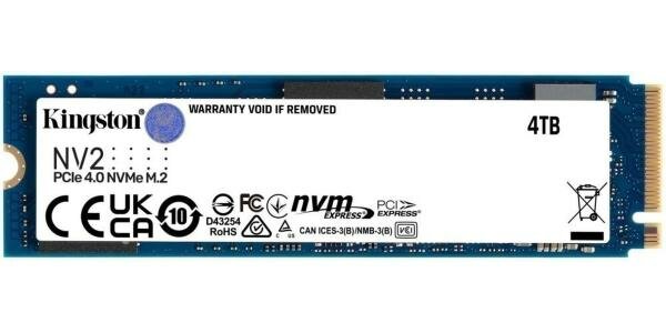 Твердотельный накопитель/ Kingston SSD NV2, 4000GB, M.2(22x80mm), NVMe, PCIe 4.0 x4, 3D TLC, R/W 3500/2800MB/s, TBW 1280, DWPD 0.3 (3 года)