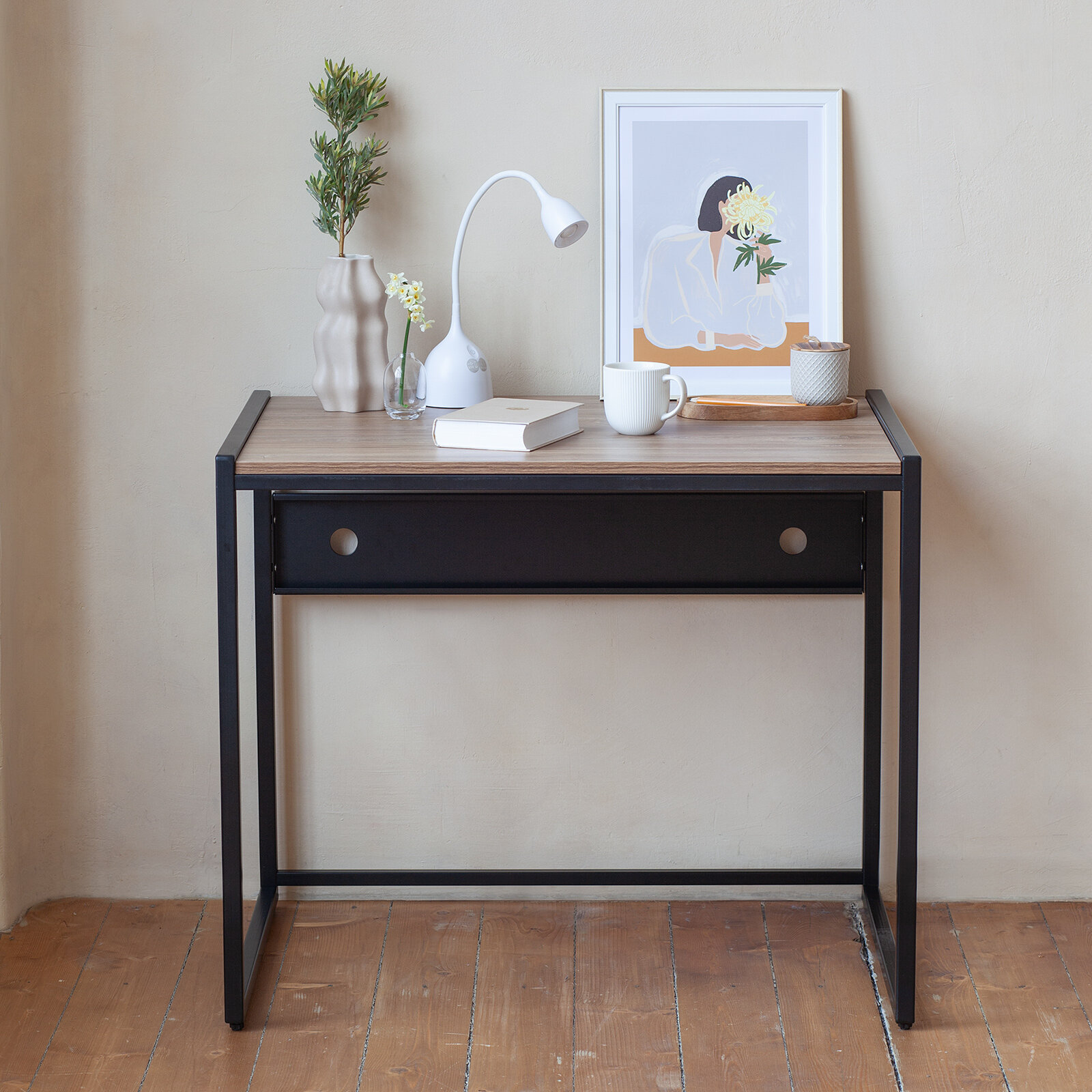 фото Стол письменный модульный Rimini, 900х650х750, черный, ЛДСП Дуб Канзас