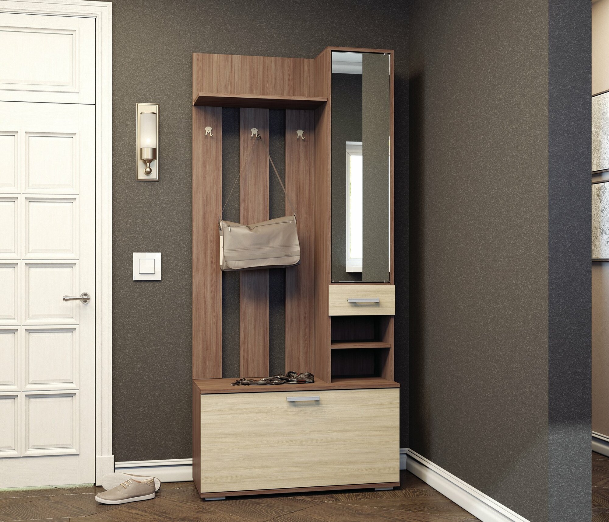 фото Вешалка в прихожую столплит НИКА В3910 с зеркалом, выдвижным ящиком и полками, ЛДСП, Ясень Шимо, 91х206х35 см