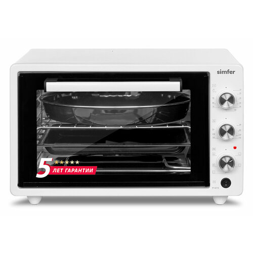 Мини-печь Simfer 6 режимов конвекция вертел 42 литра 2 противня хромированная решетка подсветка эмалированная внутренняя поверхность 5 лет гарантии белый 6755700₽