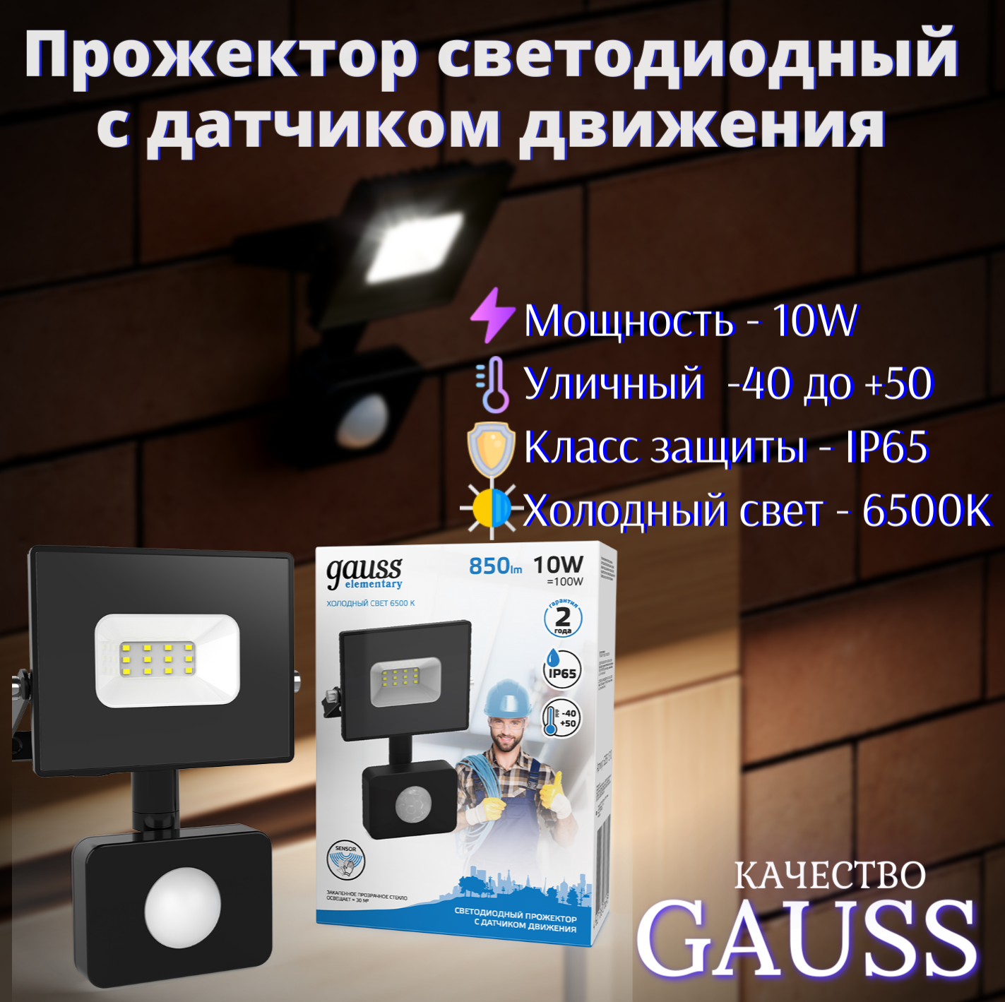 Прожектор LED с датчиком движения 10W 220V IP65 холодный свет 6500К черный Gauss Elementary-S