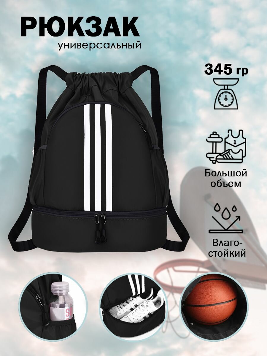 Спортивная сумка черная. Рюкзак мешок для обуви и мяча. Сумка для спортинвентаря, спортивный рюкзак