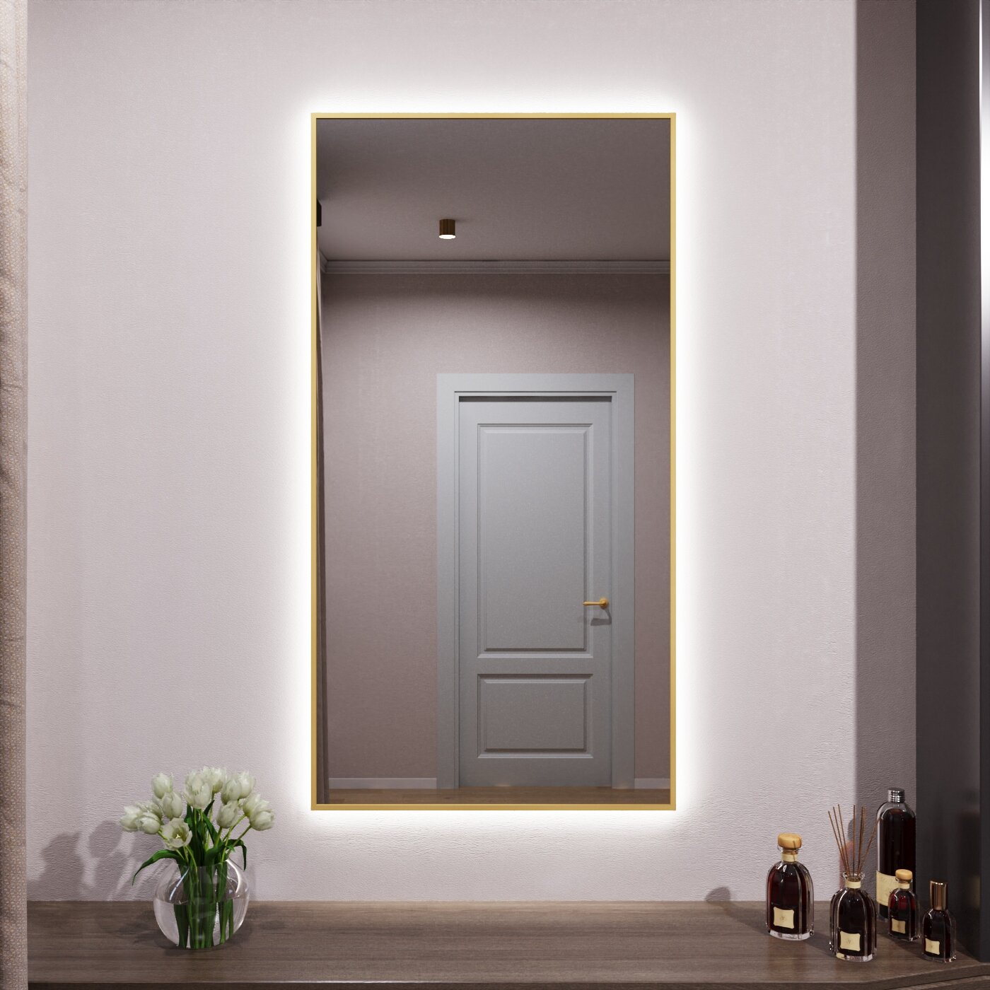 Зеркало с подсветкой в алюминиевой раме настенное Market-house 130х80 см. Свет: Нейтральный Белый 6000К. Золото