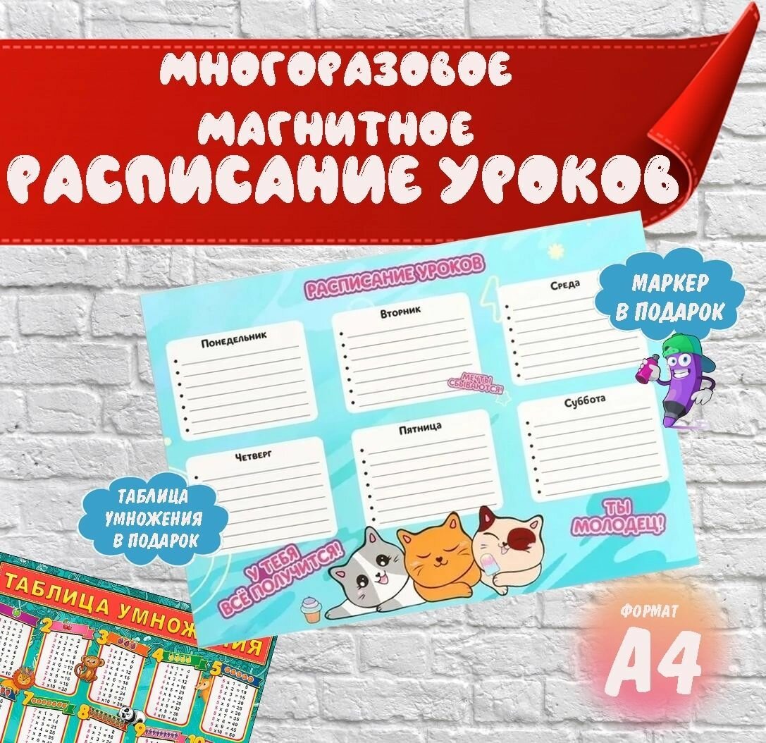 Расписание уроков магнитный с маркером для школьника, А4 "Бумчик"