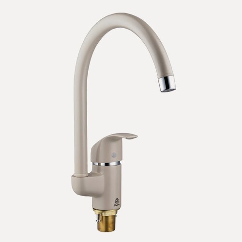 Изображение товара Смеситель для кухни с высоким поворотным изливом, бежевый с золотыми вкраплениями и хромированными вставками