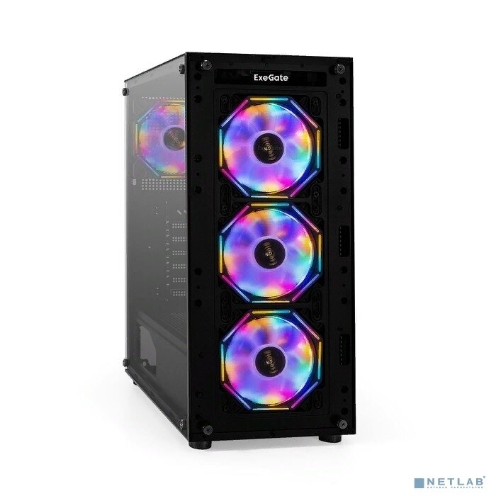 Корпус Miditower ExeGate i3 BASE (ATX, без БП, с окном, 1*USB+1*USB3.0, аудио, 4 вент. 12см с RGB подсветкой) — фото 1