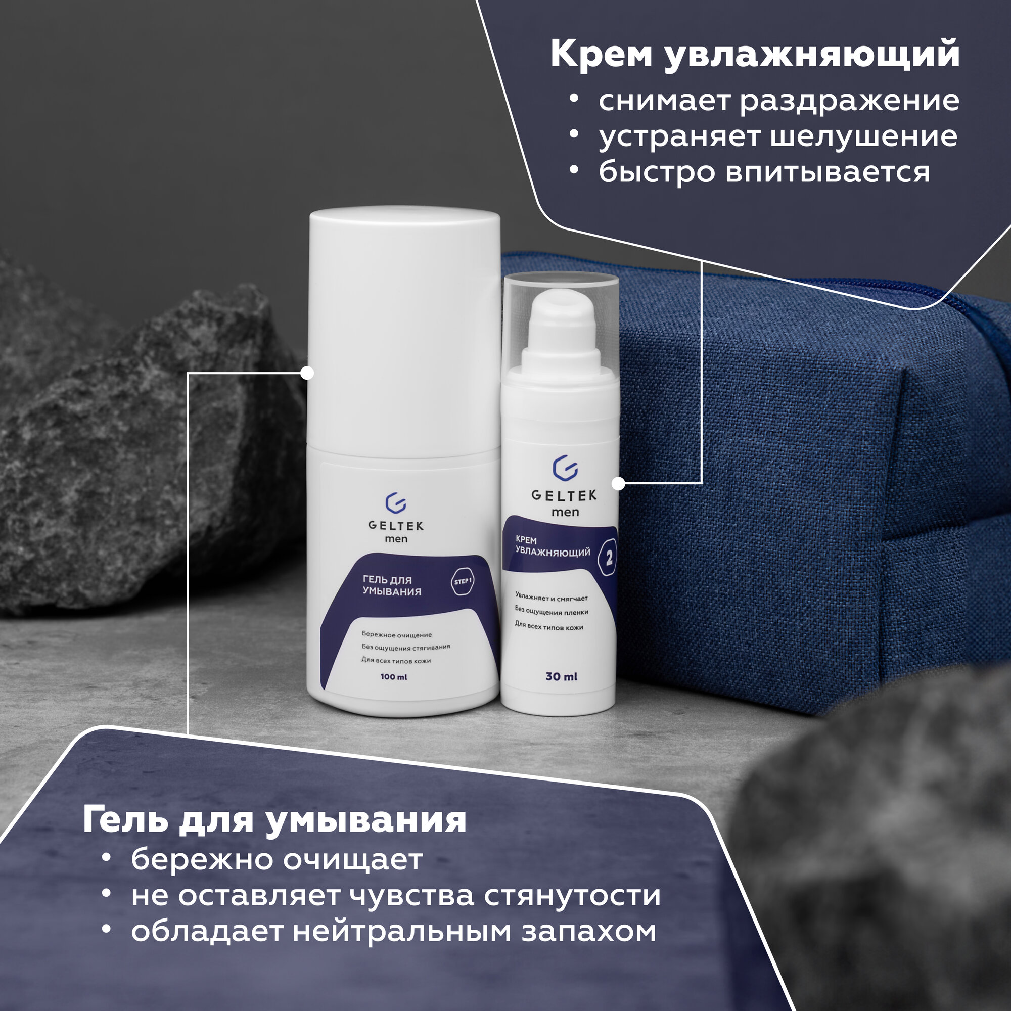 Гельтек Набор мужской "Базовый уход" Geltek Men для ухода за мужской кожей лица: крем увлажняющий, гель для умывания — фото 1
