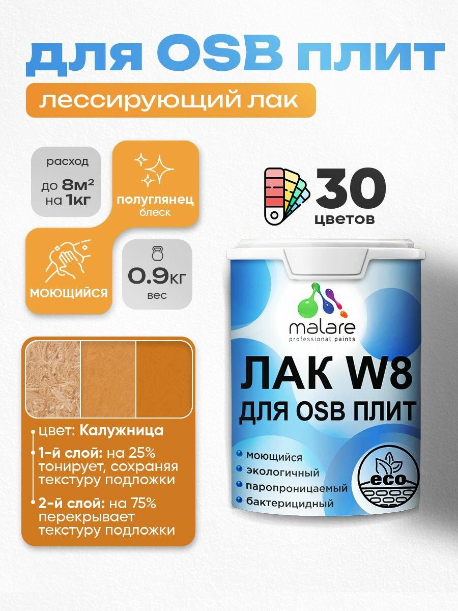 Лак колерованный тонирующий для защиты ОСБ плит Malare W8 для дерева и минеральных поверхностей, паропроницаемый водный без запаха, полуглянцевый, калужница, 0.9 кг.