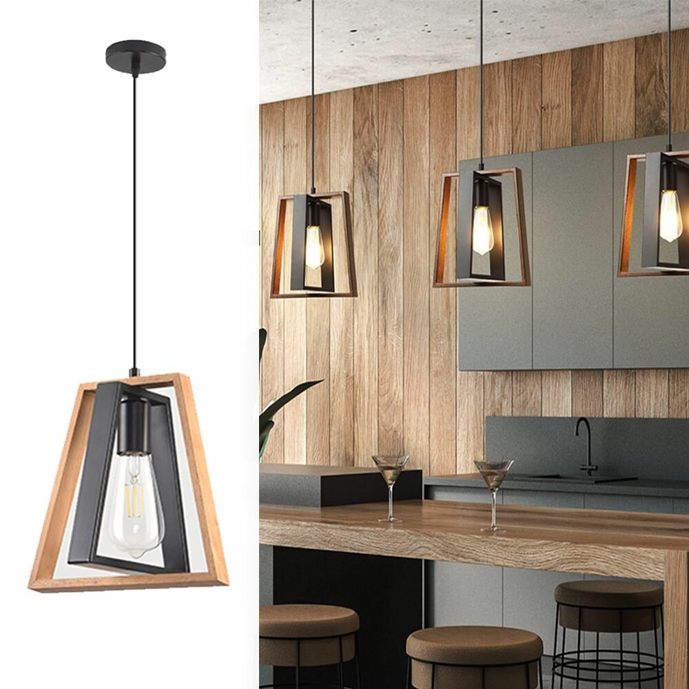 Современный деревенский подвесной светильник в стиле лофт, дерево и черный металл, регулируемая высота, совместимость с лампами E27, легкая установка.