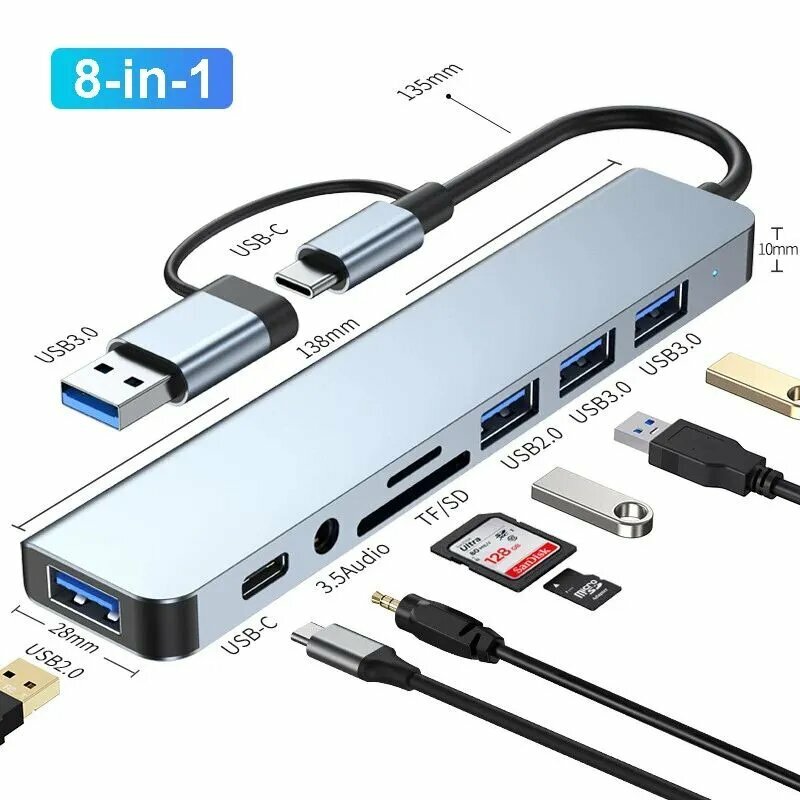 Кардридер 8IN1, USB-концентратор, 8 портов, HDMI, Type-C, голубой