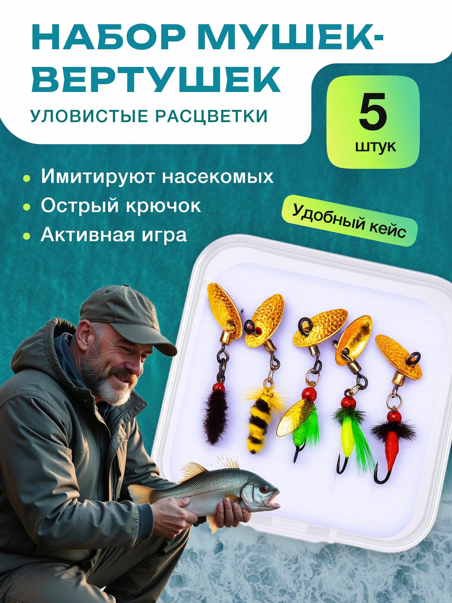 Набор блесен рыболовных вертушки с мушками 05гр. Набор 5 штук.