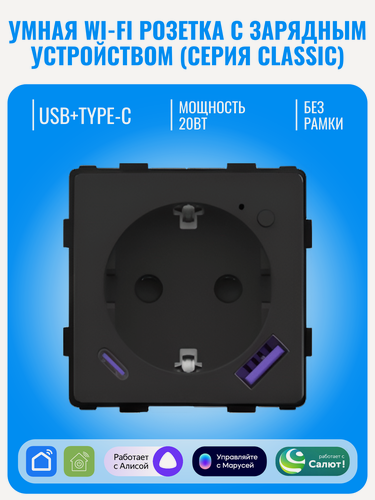 Изображение товара Умная Wi-Fi розетка с зарядным устройством USB и Type-C Smart Aura серия Classic без рамки