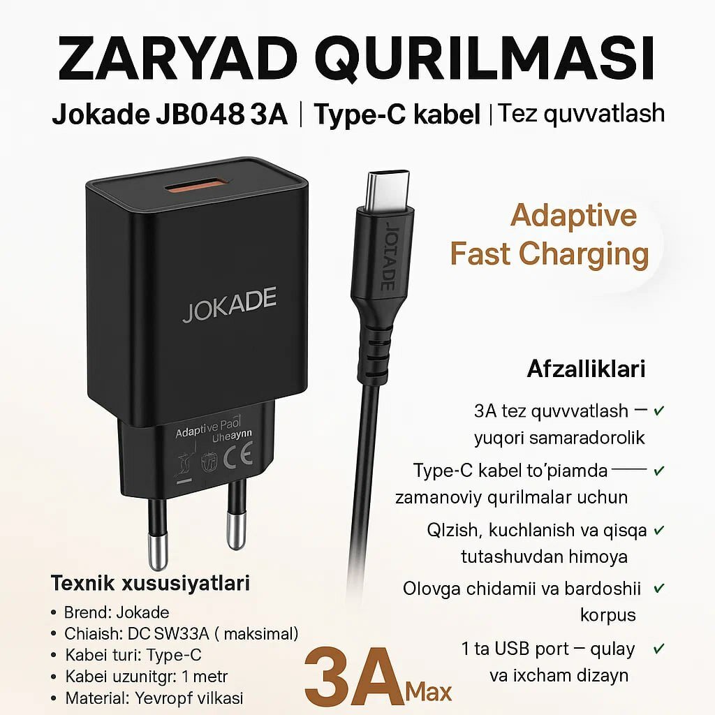 Зарядное устройство JOKADE JB048, с кабелем Type-C, быстрая зарядка, 3A — фото 1