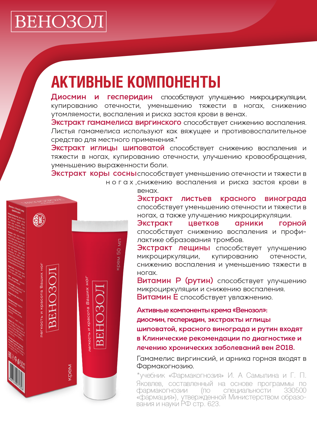 Венозол, ВИС, крем венотоник для ног, диосмин, гесперидин и арника, для снятия усталости и тяжести в ногах, 50 мл — фото 1