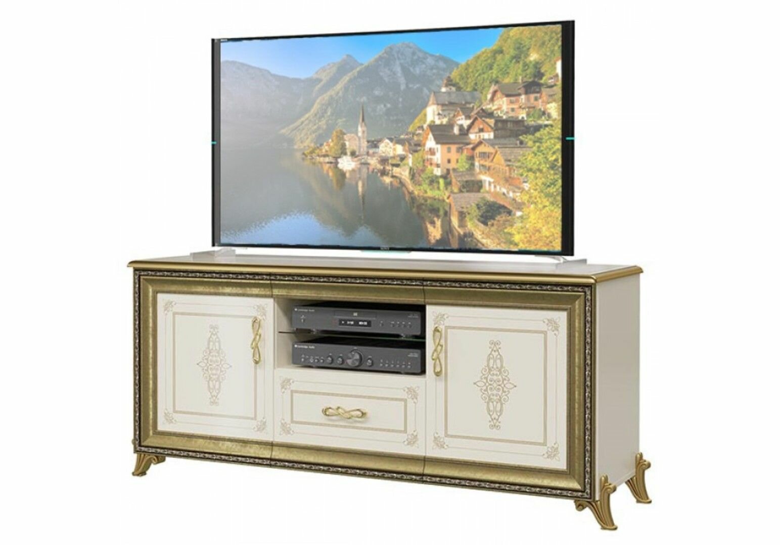 Комод под телевизор с полками деревянный 154х48х72 см слоновая кость