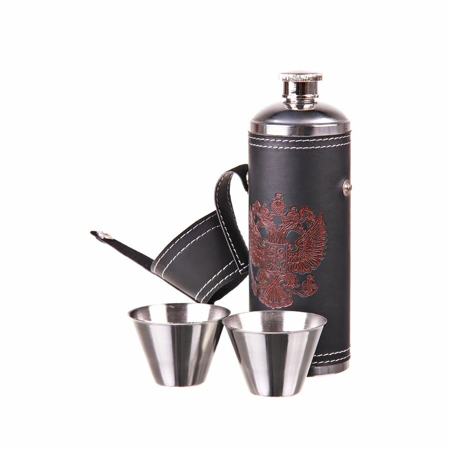 фото Фляжка подарочная из нержавеющей стали в кожаном чехле с гербом