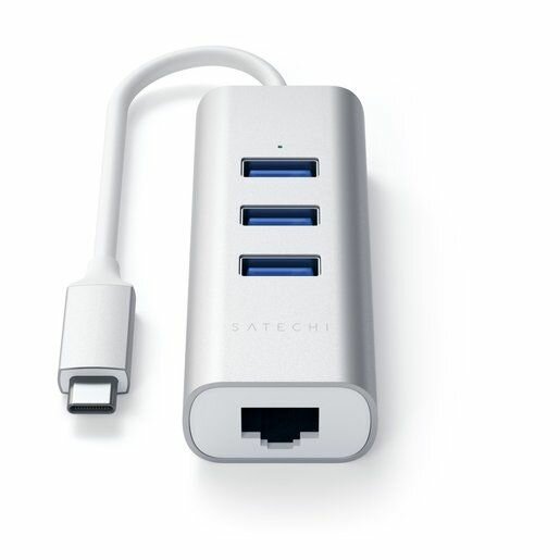 USB-хаб Satechi Type-C 2-in-1 USB 3.0 Aluminum 3 Port Hub and Ethernet Port. Интерфейс Type-C. Порты: Ethernet (10/100/1000Mbps), 3 x USB 3.0. LED подсветка. Цвет серебристый.