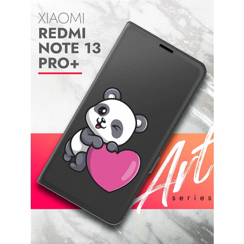 Чехол на Xiaomi Redmi Note 13 Pro+ (Ксиоми Редми Ноте 13 Про+) черный книжка экокожа подставка магнит Book case, Brozo (принт) Панда Сердце чехол на xiaomi redmi note 13 pro ксиоми редми ноте 13 про черный книжка экокожа подставка магнит book case brozo принт панда сердце