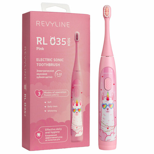 Электрическая зубная щетка Revyline Kids RL 035, звуковая, для детей, 3 режима, розовая