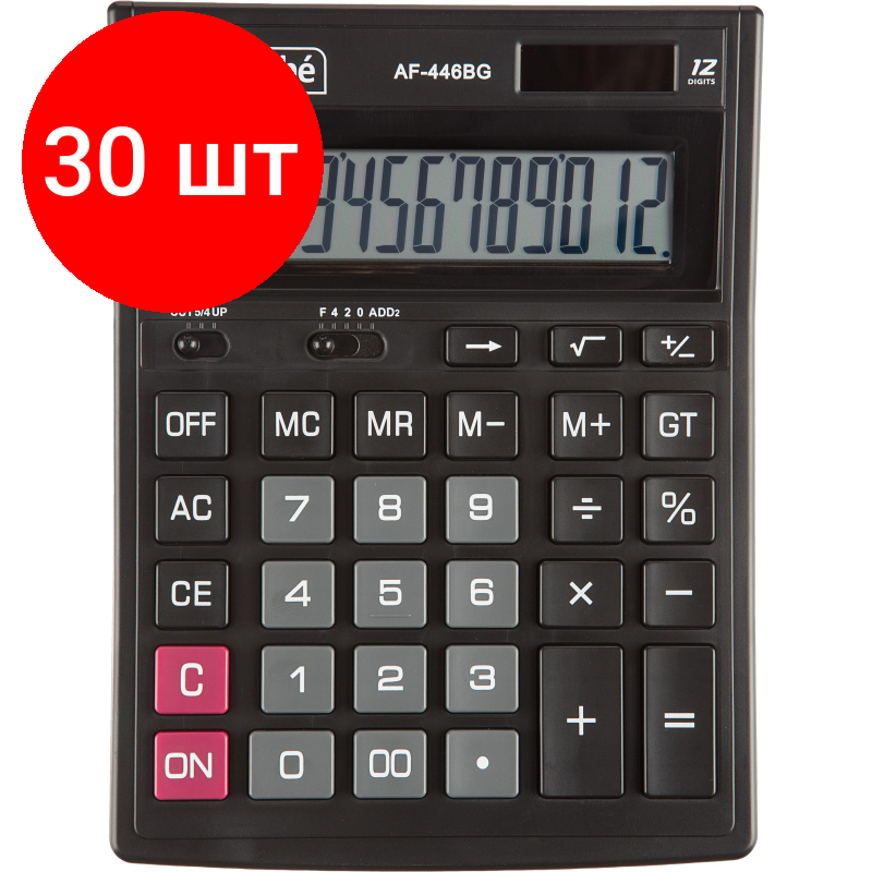 Комплект 30 штук, Калькулятор настольный полноразмерный Attache AF-446BG,12р, дв. пит, чрн-сер