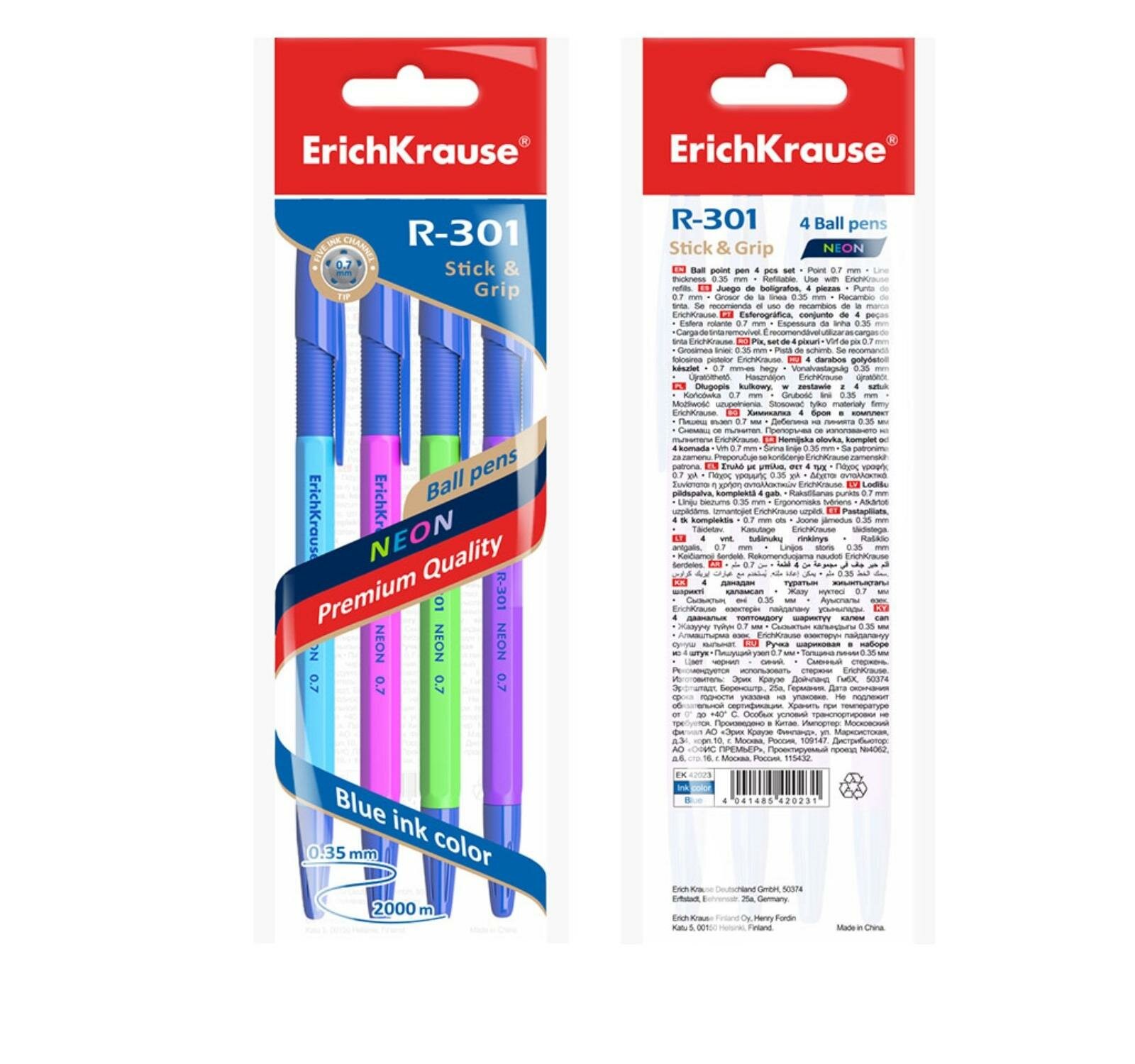 Ручка шариковая Erich Krause R-301 Neon 0.7 Stick&Grip в наборе из 4 штук пакет - фото №15