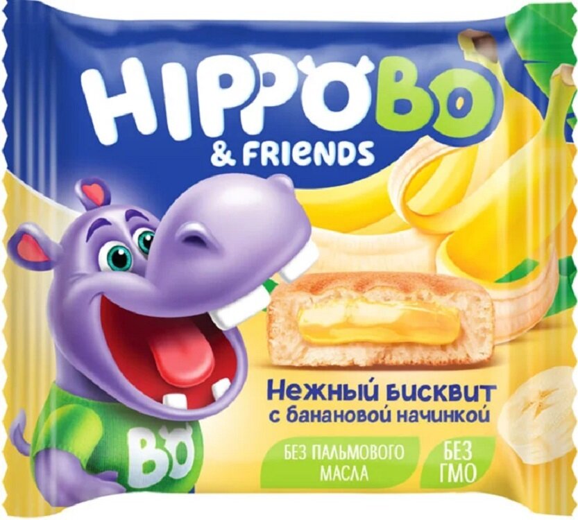 Бисквитное пирожное HIPPO BO & friends с банановой начинкой,12шт по 32 г